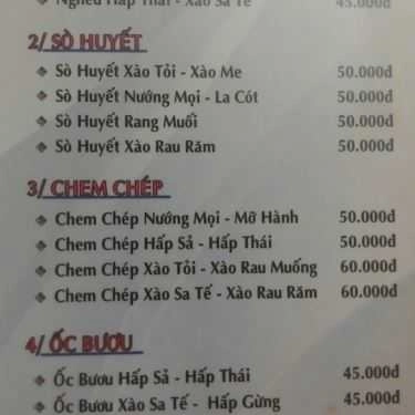 Thực đơn- Quán Nhậu Ốc Tuyền - Quán Hải Sản