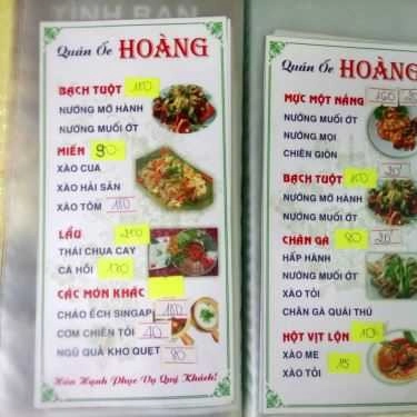 Thực đơn- Quán Nhậu Quán Ốc Hoàng - Nguyễn Thượng Hiền