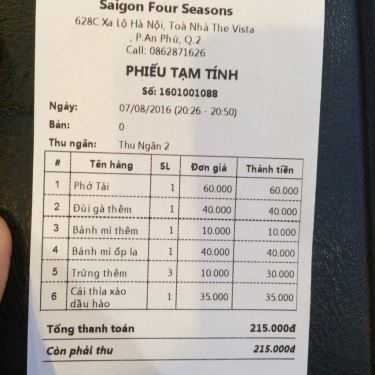 Thực đơn- Cafe Sài Gòn Four Seasons - The Vista