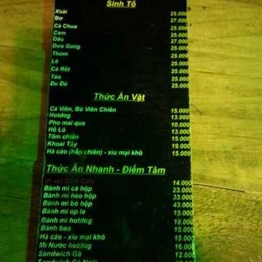 Thực đơn- Sinh Cafe - Phan Đình Phùng