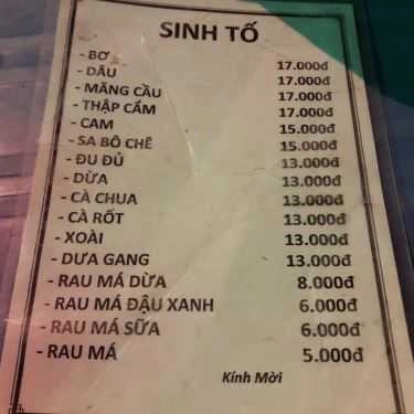 Thực đơn- Ăn vặt Sinh Tố - Vỉa Hè Vạn Kiếp