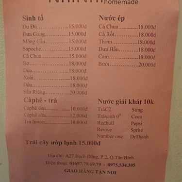 Thực đơn- Nhi Nhi - Cafe & Sinh Tố