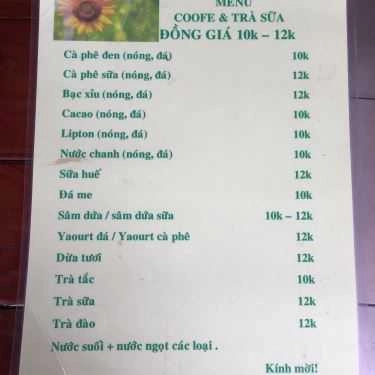 Thực đơn- Sun Coffee - Dân Tộc