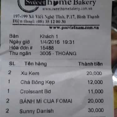 Thực đơn- Tiệm Bánh Sweet Home Bakery - Xô Viết Nghệ Tĩnh