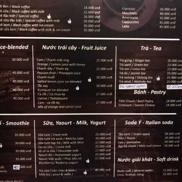 Thực đơn- Tabac Cafe - Phạm Ngũ Lão