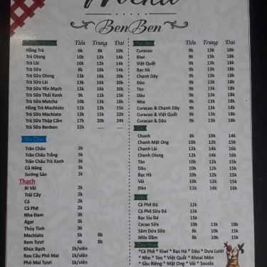 Thực đơn- Cafe Trà Sữa Ben Ben - Huỳnh Tấn Phát