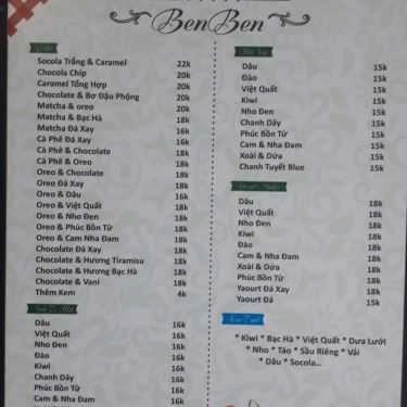 Thực đơn- Cafe Trà Sữa Ben Ben - Huỳnh Tấn Phát