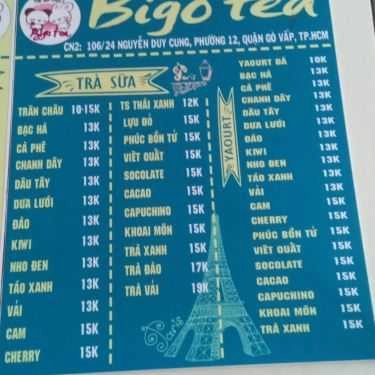 Thực đơn- Cafe Trà Sữa Bigo Tea