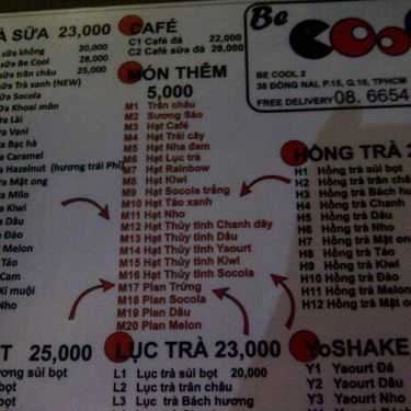 Thực đơn- Cafe Trà Sữa Trân Châu Be Cool