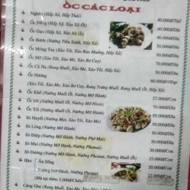 Thực đơn- Quán Nhậu Ốc Đêm - Cầu Xéo