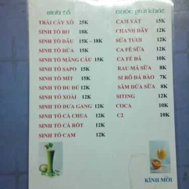 Thực đơn- Cafe Sinh Tố & Nước Giải Khát - Kênh Tân Hóa