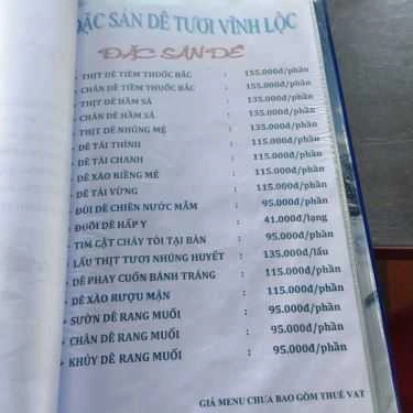 Thực đơn- Quán Nhậu Vĩnh Lộc - Quán Dê Tươi