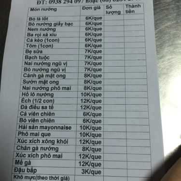 Thực đơn- Ăn vặt Xiên Que Nướng - Đường 17