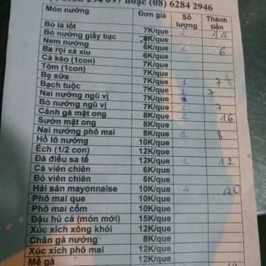 Thực đơn- Ăn vặt Xiên Que Nướng - Đường 17