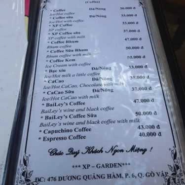 Thực đơn- XP Garden Cafe - Cafe Sân Vườn