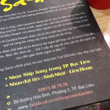 Thực đơn- Quán Ăn Sasin - Mì Cay 7 Cấp Độ Hàn Quốc - Hòa Bình
