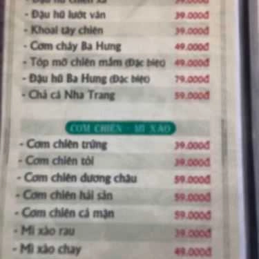 Thực đơn- Quán Ăn Ba Hưng Quán - Ẩm Thực Thuần Việt