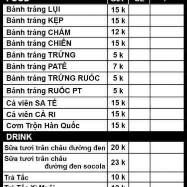 Thực đơn- Cafe La Patate Douce - Ăn Vặt & Giải Khát