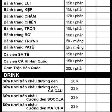 Thực đơn- Cafe La Patate Douce - Ăn Vặt & Giải Khát