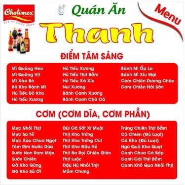 Thực đơn- Quán Ăn Thanh - Cơm & Điểm Tâm