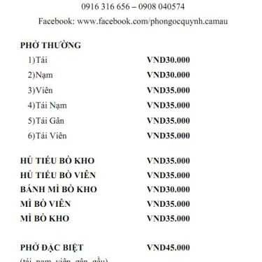 Thực đơn- Quán Ăn Phở Ngọc Quỳnh