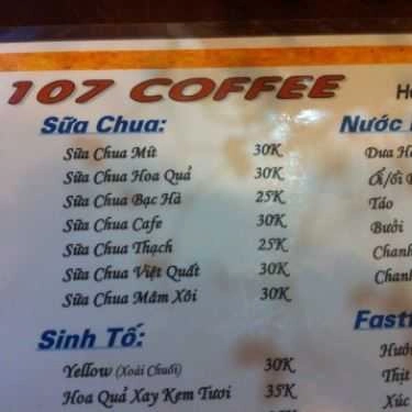 Thực đơn- 107 Coffee - Đặng Văn Ngữ