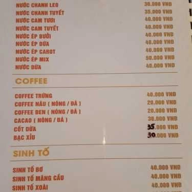 Thực đơn- 26 Cafe - Núi Trúc