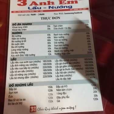 Thực đơn- Quán Nhậu 3 Anh Em - Lẩu Nướng