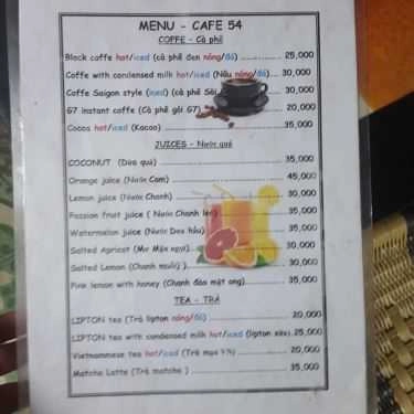 Thực đơn- 54 Cafe