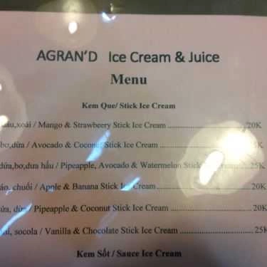 Thực đơn- Cafe Agran'd Ice Cream & Juice - Hàng Nón