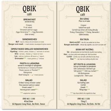 Thực đơn- Qbik Cafe - Nguyễn Công Hoan