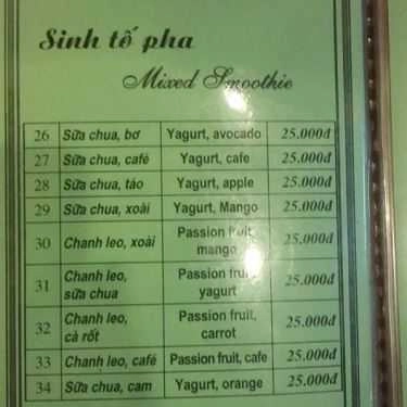 Thực đơn- Văn Miếu - Cà Phê & Nước Ép Trái Cây