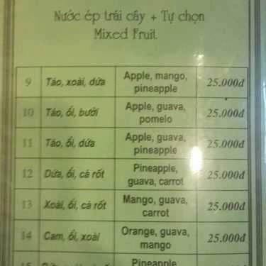 Thực đơn- Văn Miếu - Cà Phê & Nước Ép Trái Cây