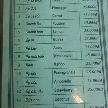 Thực đơn- Văn Miếu - Cà Phê & Nước Ép Trái Cây