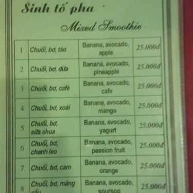 Thực đơn- Văn Miếu - Cà Phê & Nước Ép Trái Cây