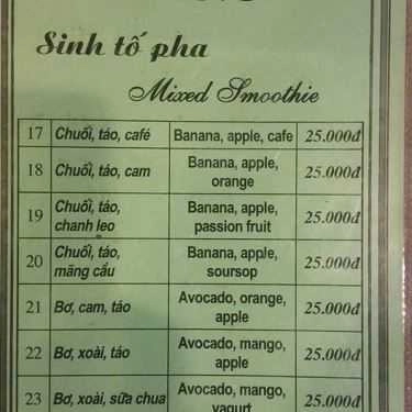 Thực đơn- Văn Miếu - Cà Phê & Nước Ép Trái Cây