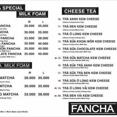 Thực đơn- Cafe Trà Sữa Fancha