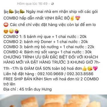 Thực đơn- Ăn vặt Bánh Mì Ngọc Hân - Trần Duy Hưng