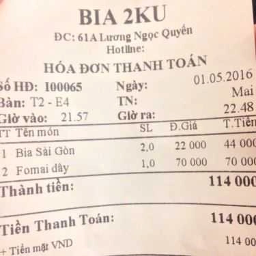 Thực đơn- Quán Nhậu Beer 2Ku - Lương Ngọc Quyến