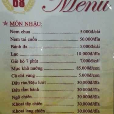 Thực đơn- Quán Nhậu Bia Hơi 68 - Vườn Hoa Mỗ Lao