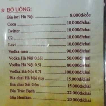 Thực đơn- Quán Nhậu Bia Hơi 68 - Vườn Hoa Mỗ Lao