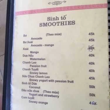 Thực đơn- Bống Cafe - Nguyễn Hữu Huân