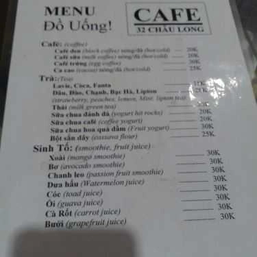 Thực đơn- Cafe 32 Châu Long