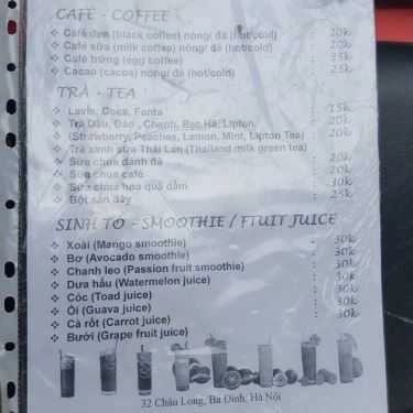 Thực đơn- Cafe 32 Châu Long