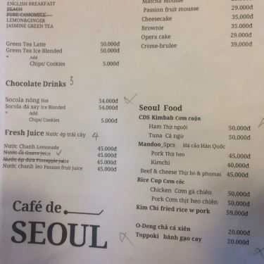 Thực đơn- Cafe de Seoul