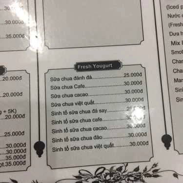 Thực đơn- Cafe - Lý Thường Kiệt