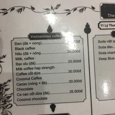 Thực đơn- Cafe - Lý Thường Kiệt