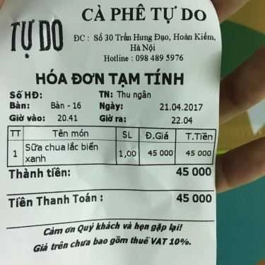 Thực đơn- Tự Do Cafe
