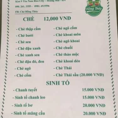 Thực đơn- Ăn vặt Hồng Thủy - Chè & Sinh Tố