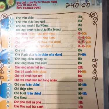 Thực đơn- Cafe Chè Hương - Chè Bát Phổ Cổ - Giáp Bát